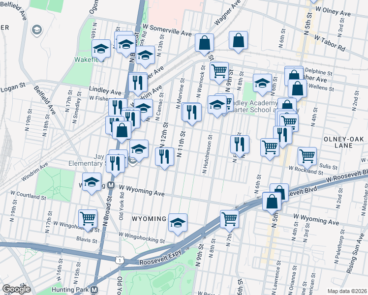 map of restaurants, bars, coffee shops, grocery stores, and more near 4928 North Warnock Street in Philadelphia