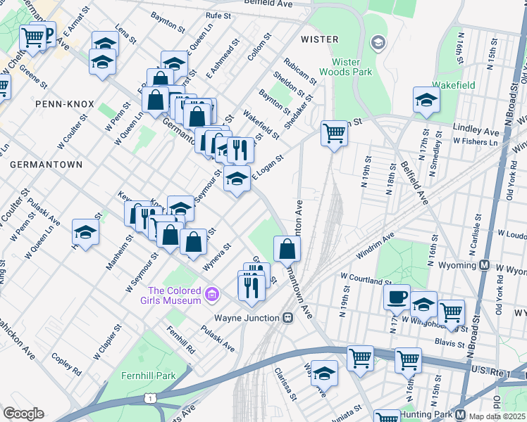 map of restaurants, bars, coffee shops, grocery stores, and more near 39 Wyneva Street in Philadelphia
