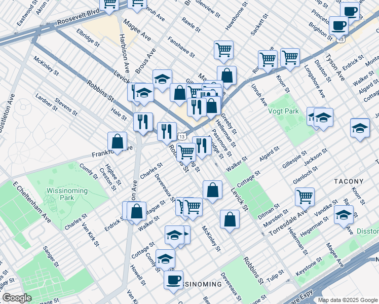 map of restaurants, bars, coffee shops, grocery stores, and more near 4115 Stirling Street in Philadelphia