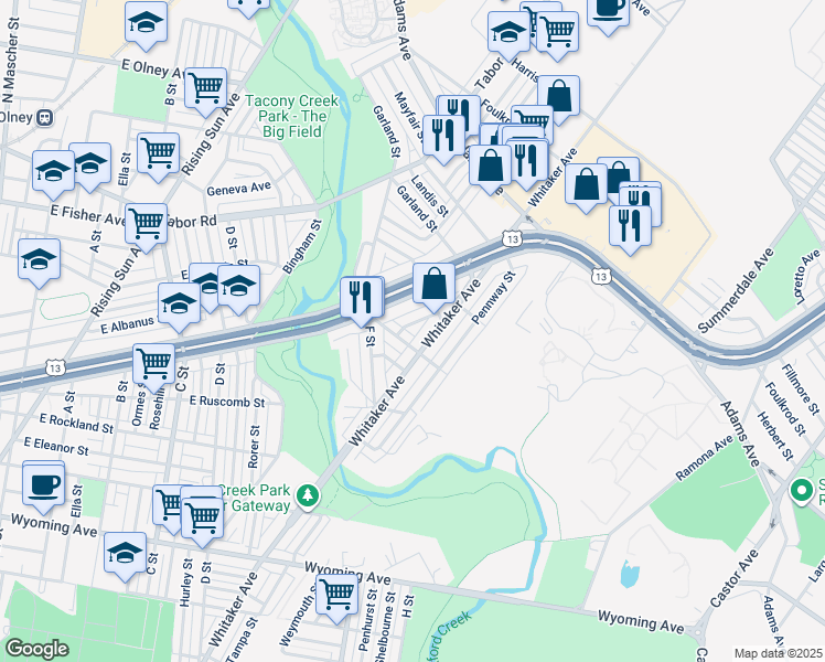 map of restaurants, bars, coffee shops, grocery stores, and more near 5117 Mebus Street in Philadelphia