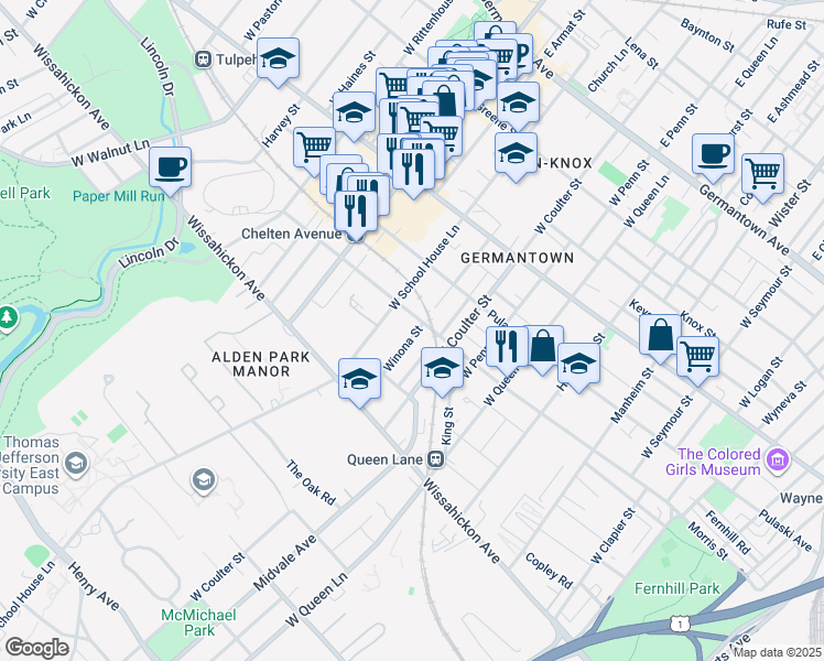 map of restaurants, bars, coffee shops, grocery stores, and more near 415 Winona Street in Philadelphia