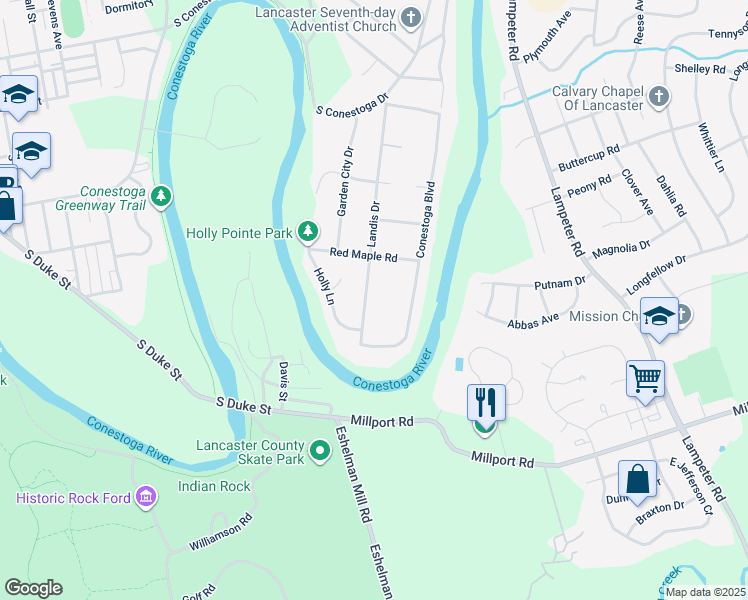 map of restaurants, bars, coffee shops, grocery stores, and more near 255 Landis Drive in Lancaster