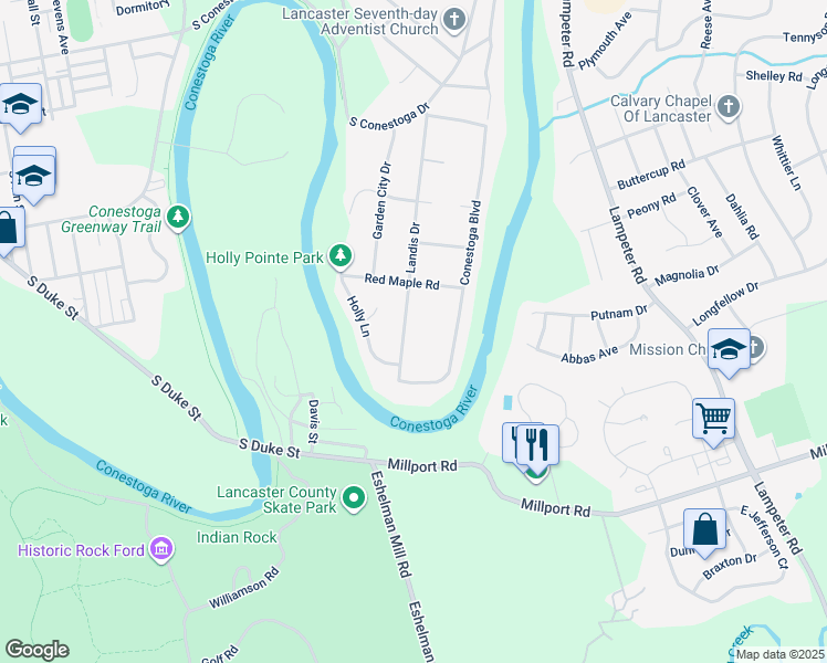 map of restaurants, bars, coffee shops, grocery stores, and more near 255 Landis Drive in Lancaster