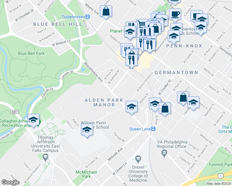 map of restaurants, bars, coffee shops, grocery stores, and more near 598 West Chelten Avenue in Philadelphia