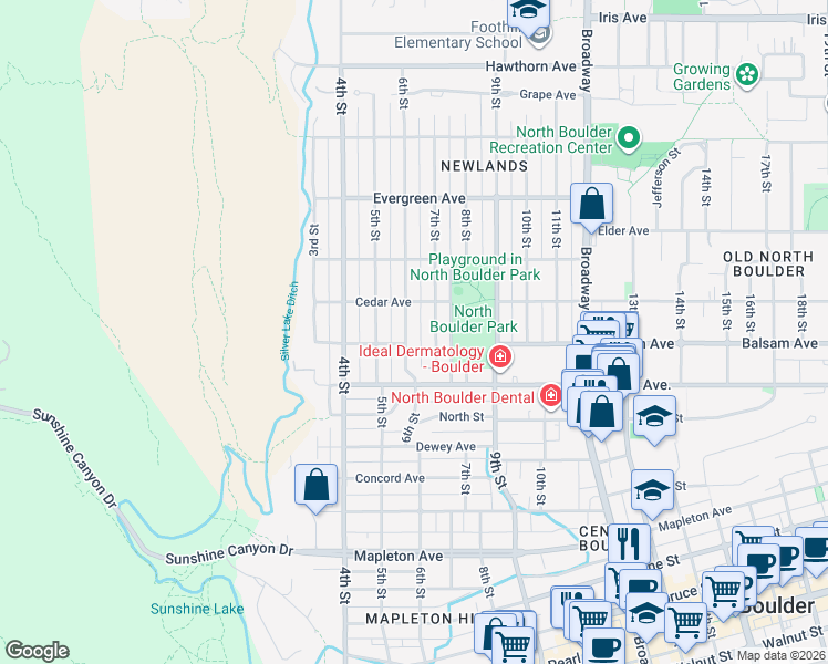 map of restaurants, bars, coffee shops, grocery stores, and more near 2873 6th Street in Boulder