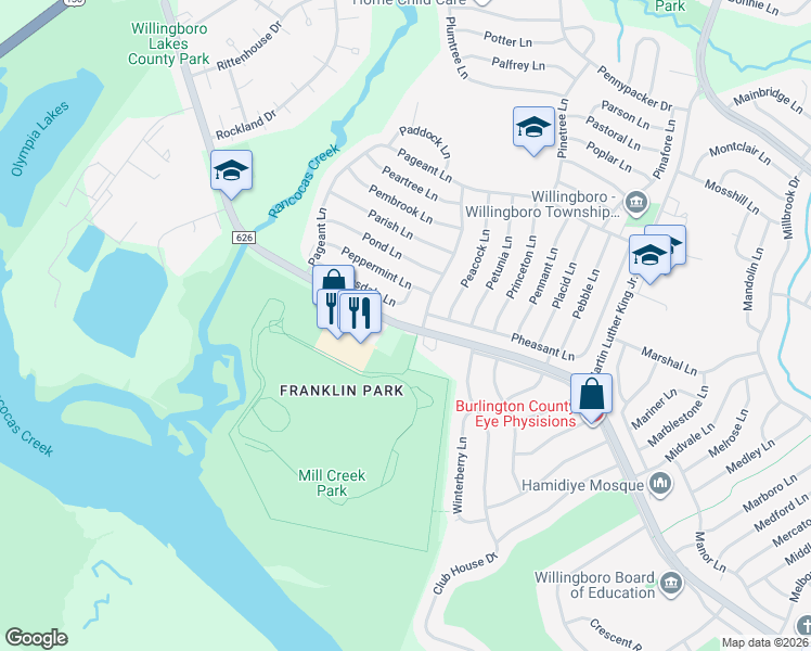 map of restaurants, bars, coffee shops, grocery stores, and more near 50 Pensdale Lane in Willingboro