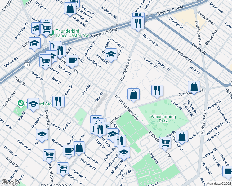map of restaurants, bars, coffee shops, grocery stores, and more near 5803 Bustleton Avenue in Philadelphia