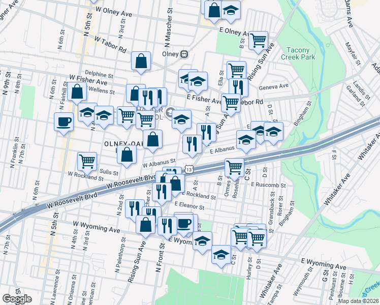 map of restaurants, bars, coffee shops, grocery stores, and more near 4986 Rising Sun Avenue in Philadelphia