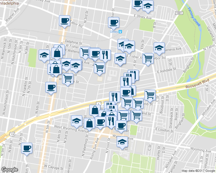 map of restaurants, bars, coffee shops, grocery stores, and more near 144 West Ashdale Street in Philadelphia