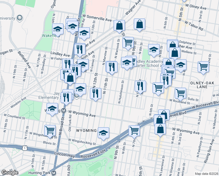map of restaurants, bars, coffee shops, grocery stores, and more near 4928 North Warnock Street in Philadelphia