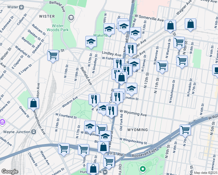 map of restaurants, bars, coffee shops, grocery stores, and more near 1428 West Rockland Street in Philadelphia