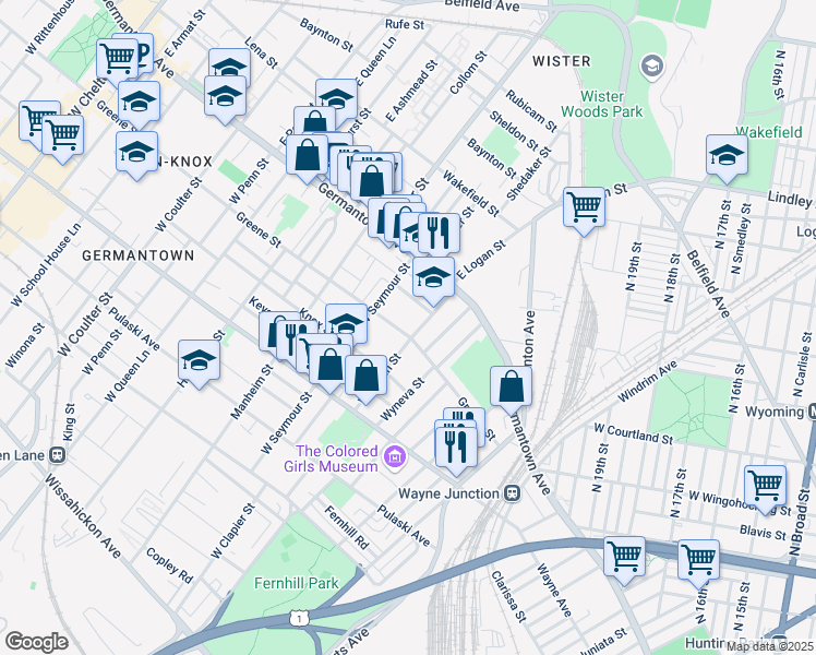 map of restaurants, bars, coffee shops, grocery stores, and more near 45 West Logan Street in Philadelphia