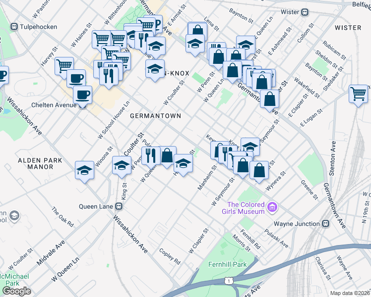map of restaurants, bars, coffee shops, grocery stores, and more near 5224 Wayne Avenue in Philadelphia