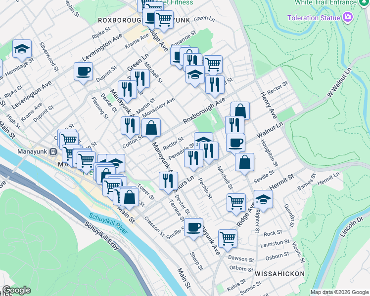 map of restaurants, bars, coffee shops, grocery stores, and more near 4216 Pechin Street in Philadelphia