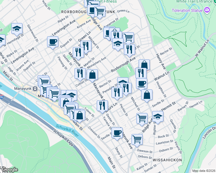 map of restaurants, bars, coffee shops, grocery stores, and more near 4216 Pechin Street in Philadelphia