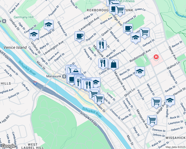 map of restaurants, bars, coffee shops, grocery stores, and more near 4344 Boone Street in Philadelphia