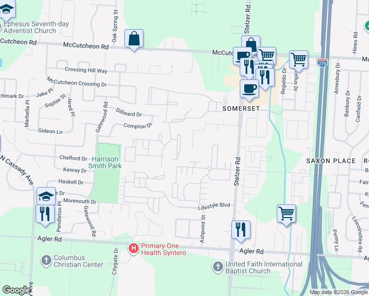 map of restaurants, bars, coffee shops, grocery stores, and more near 3764 Sunrise Lake Circle in Columbus