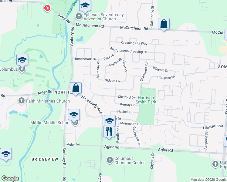 map of restaurants, bars, coffee shops, grocery stores, and more near 3130 Elmreeb Drive in Columbus