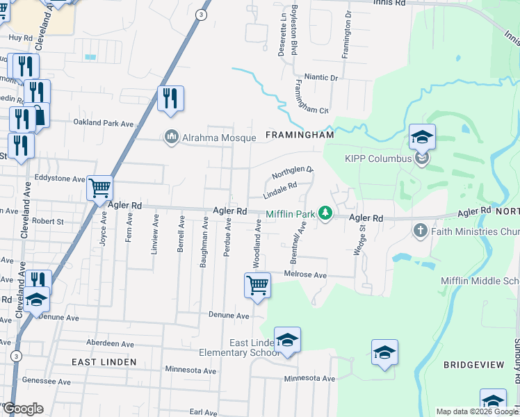 map of restaurants, bars, coffee shops, grocery stores, and more near 2321 Lindale Road in Columbus
