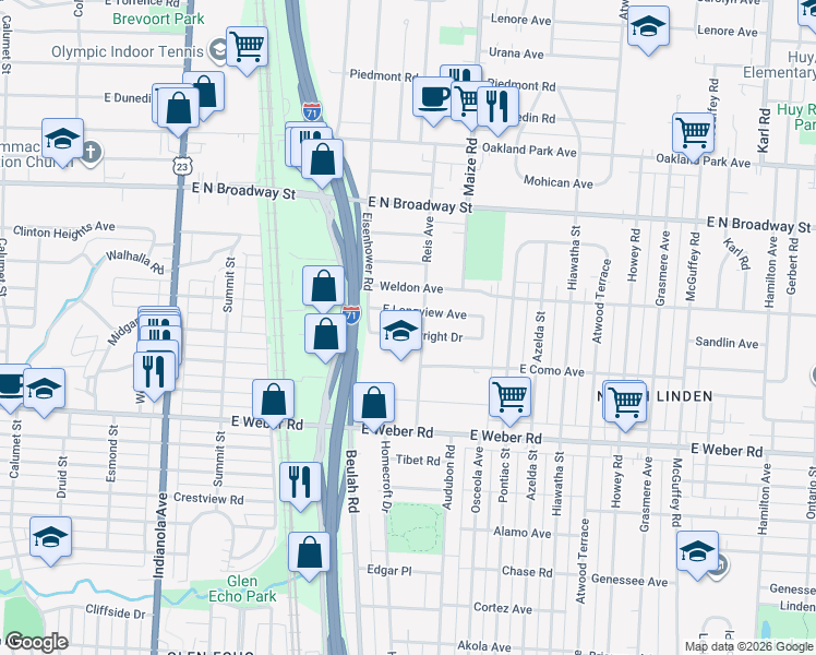 map of restaurants, bars, coffee shops, grocery stores, and more near 793 East Longview Avenue in Columbus