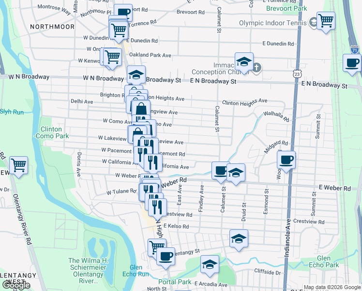 map of restaurants, bars, coffee shops, grocery stores, and more near 110 East Lakeview Avenue in Columbus