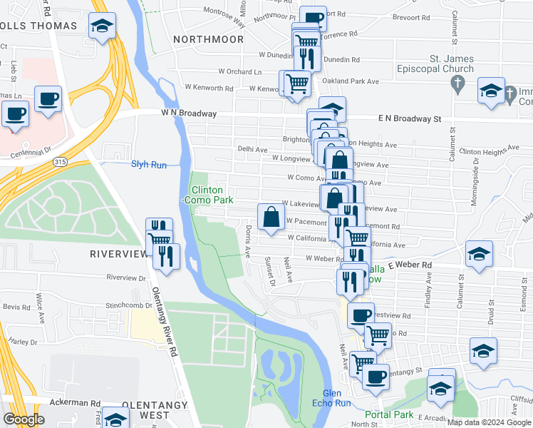 map of restaurants, bars, coffee shops, grocery stores, and more near 149 West Lakeview Avenue in Columbus