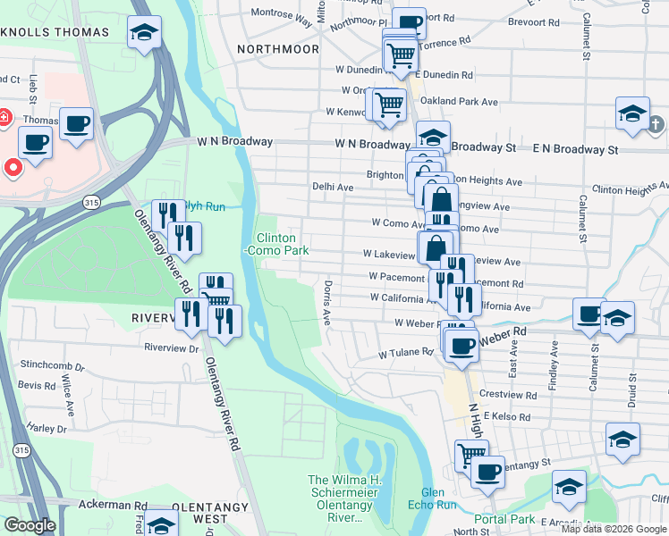 map of restaurants, bars, coffee shops, grocery stores, and more near 203 West Lakeview Avenue in Columbus