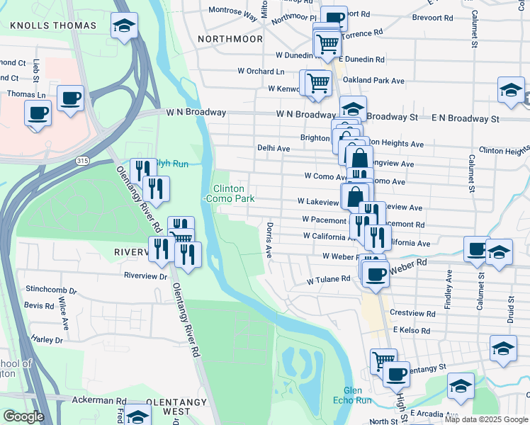 map of restaurants, bars, coffee shops, grocery stores, and more near 203 West Lakeview Avenue in Columbus