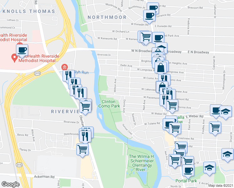 map of restaurants, bars, coffee shops, grocery stores, and more near 259 West Lakeview Avenue in Columbus