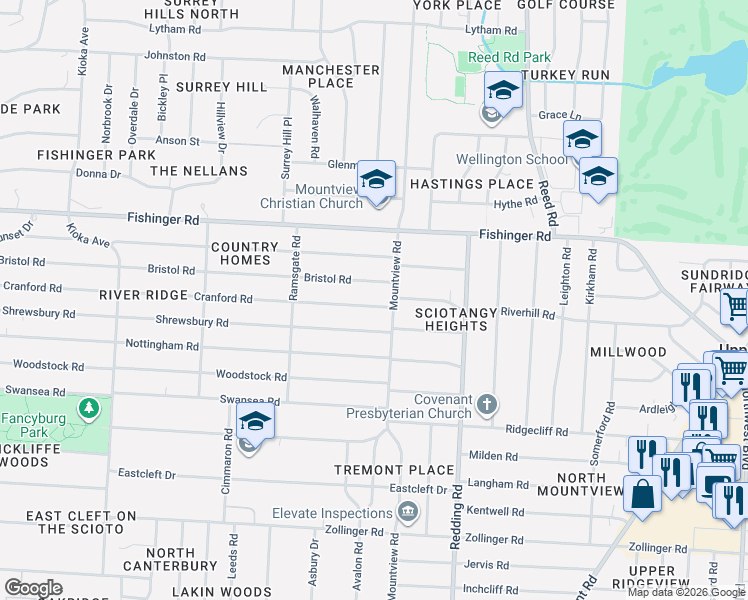 map of restaurants, bars, coffee shops, grocery stores, and more near 2167 Bristol Road in Columbus