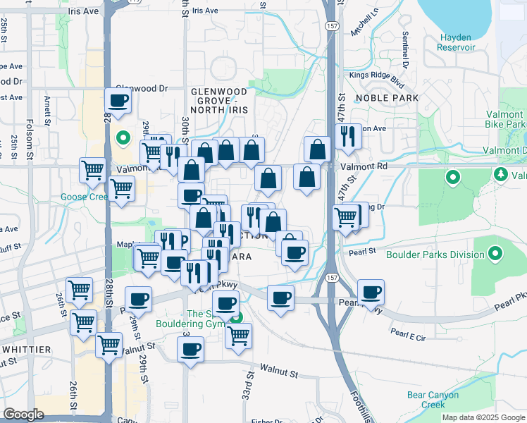 map of restaurants, bars, coffee shops, grocery stores, and more near 2885 Wilderness Place in Boulder