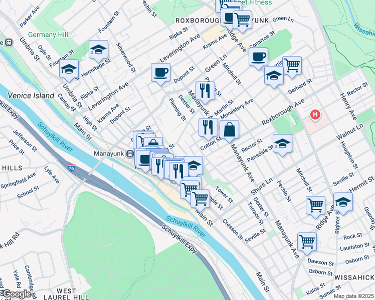 map of restaurants, bars, coffee shops, grocery stores, and more near 4338 1/2 Boone Street in Philadelphia