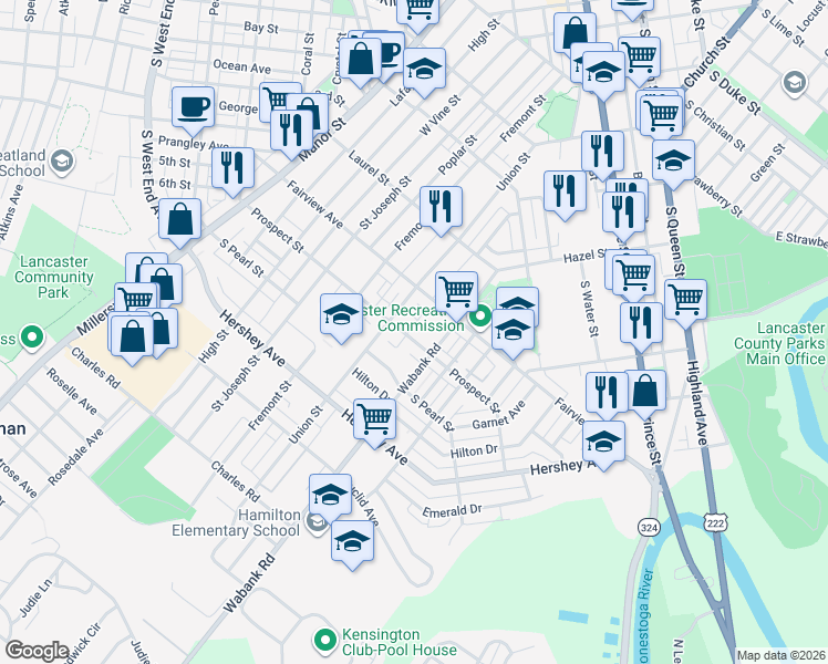 map of restaurants, bars, coffee shops, grocery stores, and more near 433 Prospect Street in Lancaster