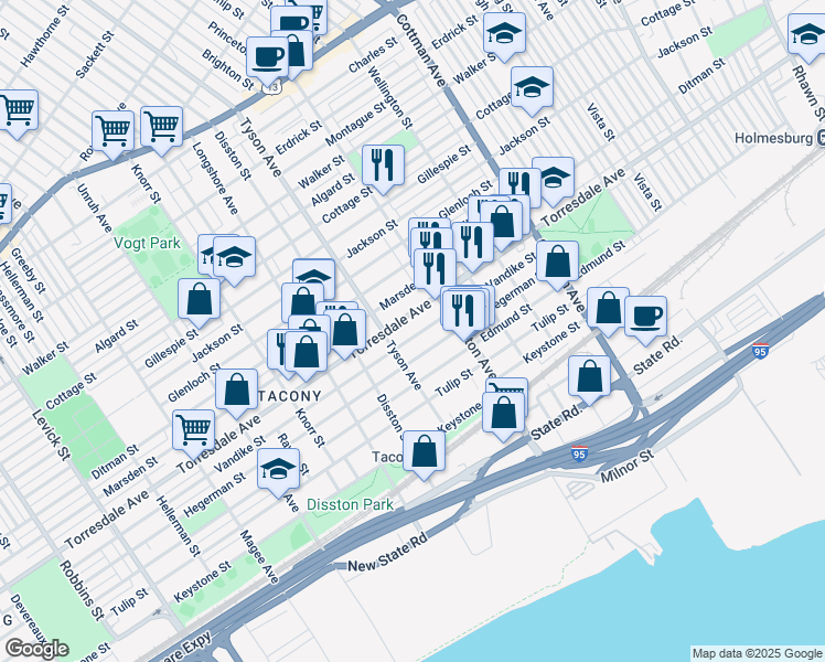 map of restaurants, bars, coffee shops, grocery stores, and more near 7018 Vandike Street in Philadelphia