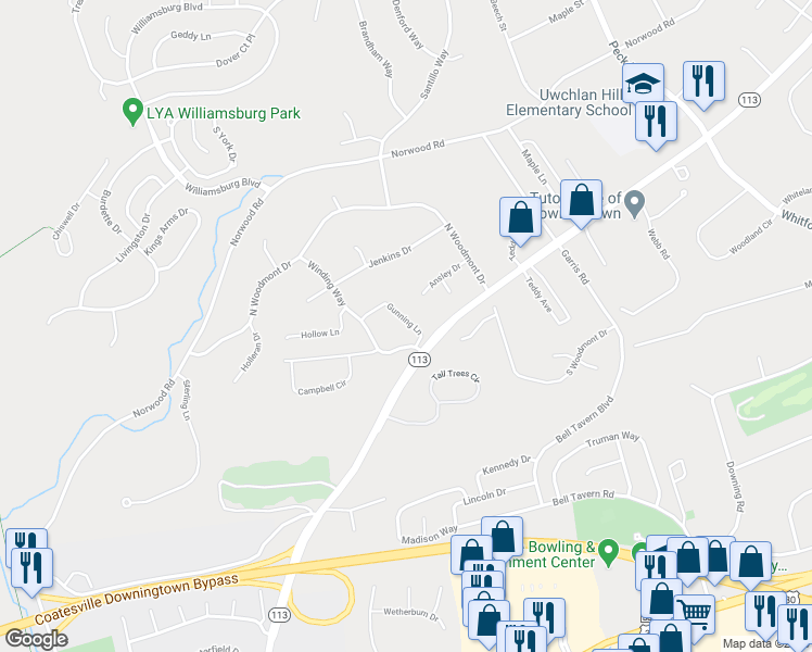 map of restaurants, bars, coffee shops, grocery stores, and more near 100 Winding Way in Downingtown