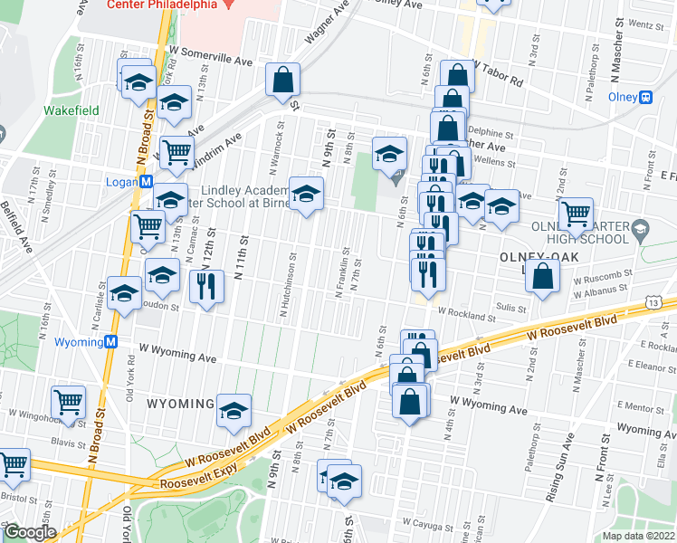 map of restaurants, bars, coffee shops, grocery stores, and more near 4932 North Franklin Street in Philadelphia
