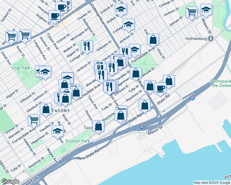 map of restaurants, bars, coffee shops, grocery stores, and more near 7122 Edmund Street in Philadelphia