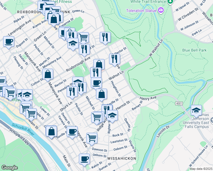map of restaurants, bars, coffee shops, grocery stores, and more near 539 Walnut Lane in Philadelphia