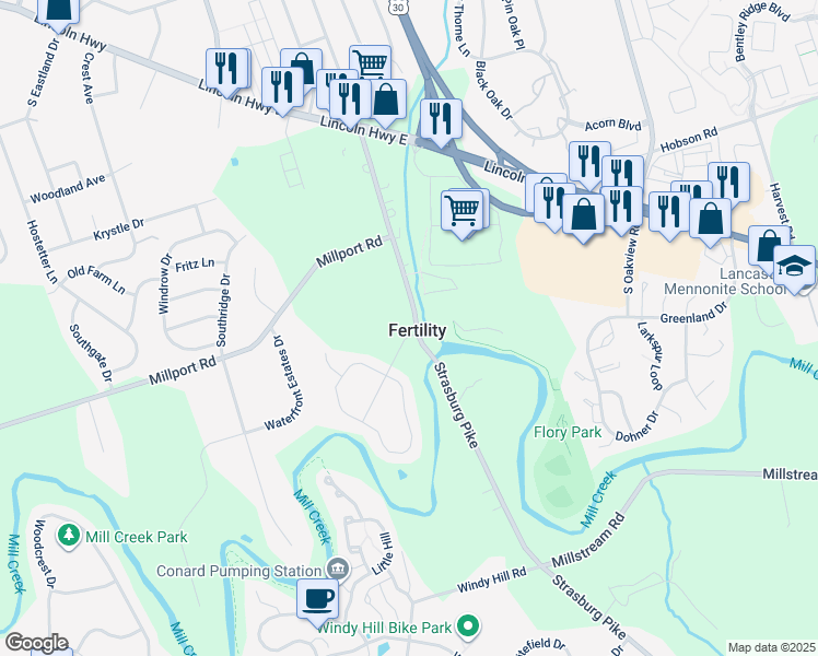map of restaurants, bars, coffee shops, grocery stores, and more near 101 Heritage Road in Lancaster