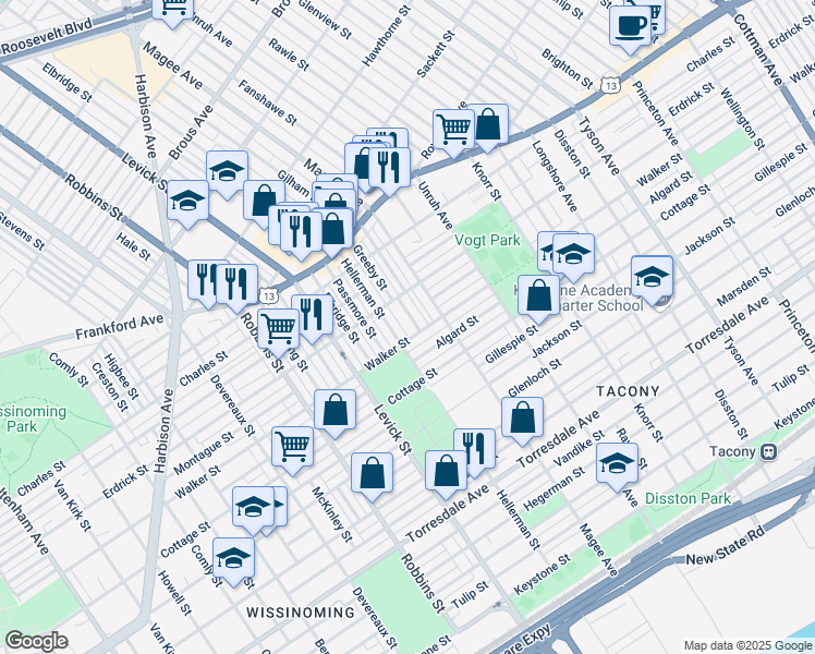 map of restaurants, bars, coffee shops, grocery stores, and more near 4234 Greeby Street in Philadelphia
