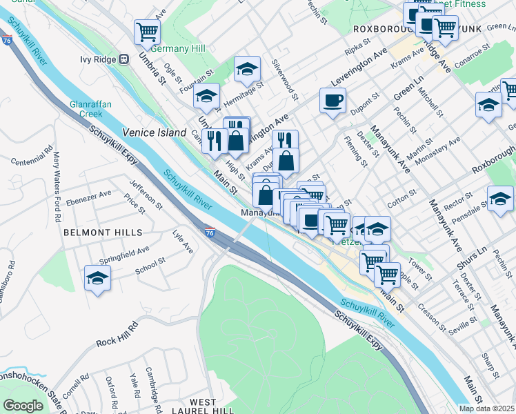 map of restaurants, bars, coffee shops, grocery stores, and more near 106 Green Lane in Philadelphia