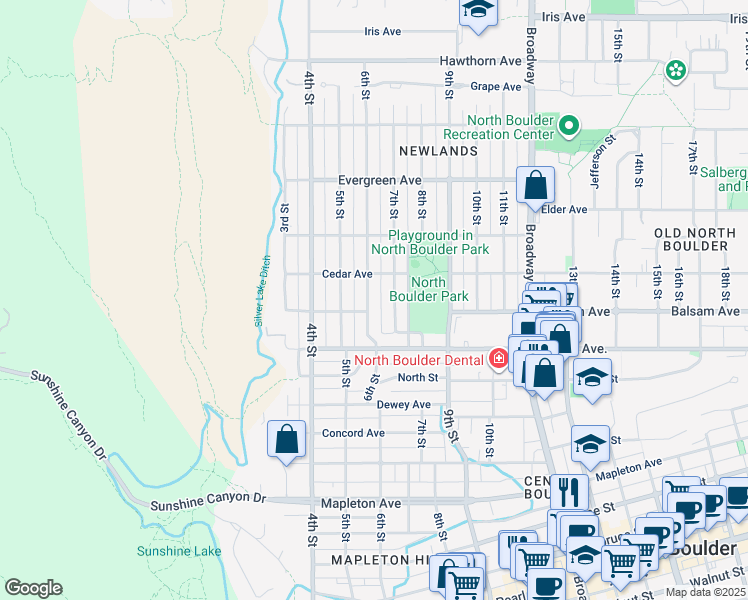 map of restaurants, bars, coffee shops, grocery stores, and more near 2820 6th Street in Boulder