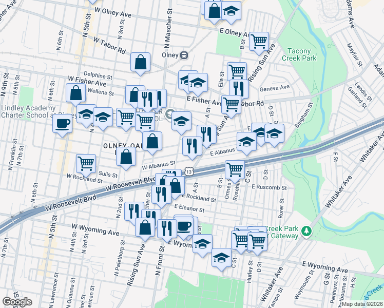 map of restaurants, bars, coffee shops, grocery stores, and more near 4986 Rising Sun Avenue in Philadelphia