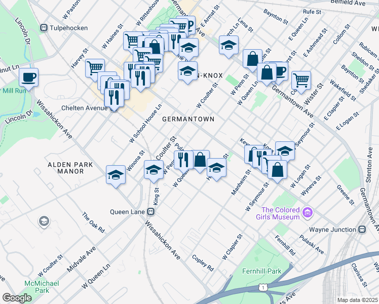 map of restaurants, bars, coffee shops, grocery stores, and more near 5327 Pulaski Avenue in Philadelphia