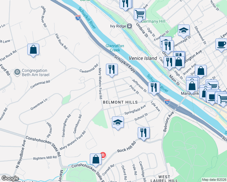 map of restaurants, bars, coffee shops, grocery stores, and more near 213 Ebenezer Avenue in Bala Cynwyd