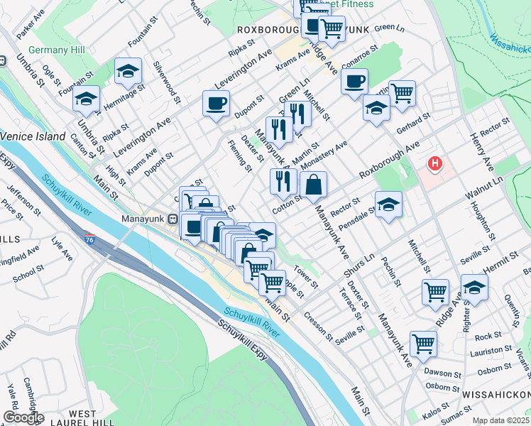 map of restaurants, bars, coffee shops, grocery stores, and more near 4322 Terrace Street in Philadelphia