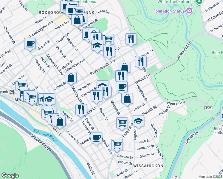 map of restaurants, bars, coffee shops, grocery stores, and more near 4118 Merrick Street in Philadelphia