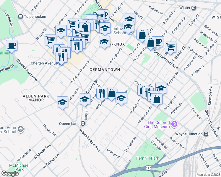 map of restaurants, bars, coffee shops, grocery stores, and more near 5323 Newhall Street in Philadelphia
