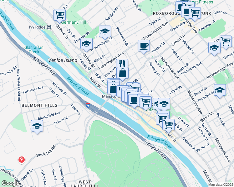 map of restaurants, bars, coffee shops, grocery stores, and more near 4444 Cresson Street in Philadelphia