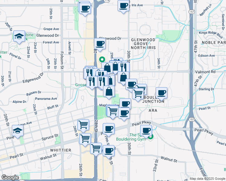map of restaurants, bars, coffee shops, grocery stores, and more near 2910 Bluff Street in Boulder